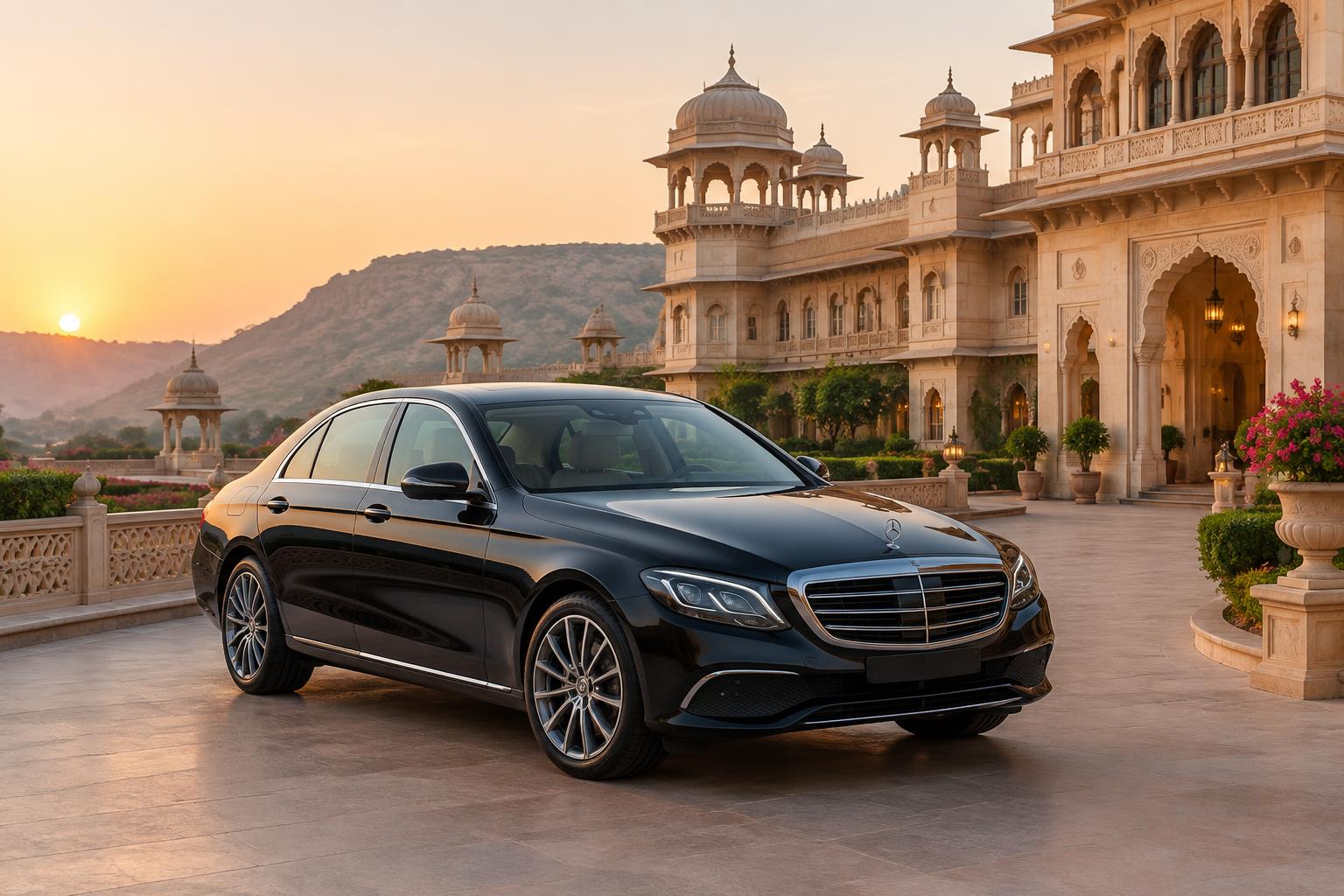 Black Mercedes-Benz E-Class luxury sedan at a Jaipur palace hotel