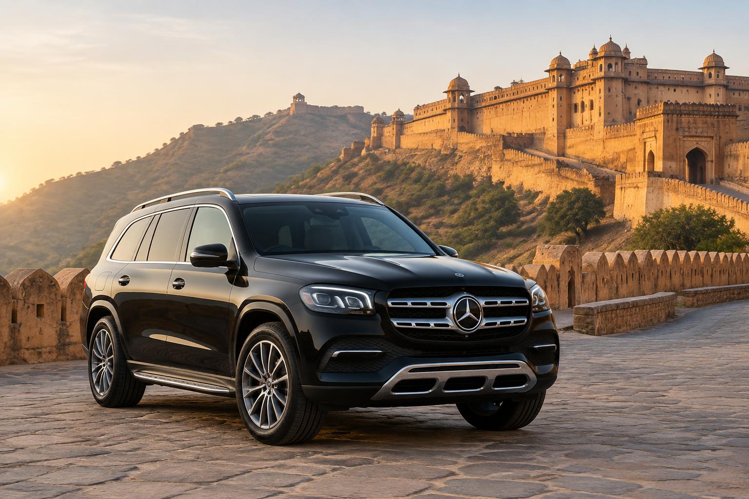 Black Mercedes-Benz GLS luxury SUV on a Rajasthan fort approach