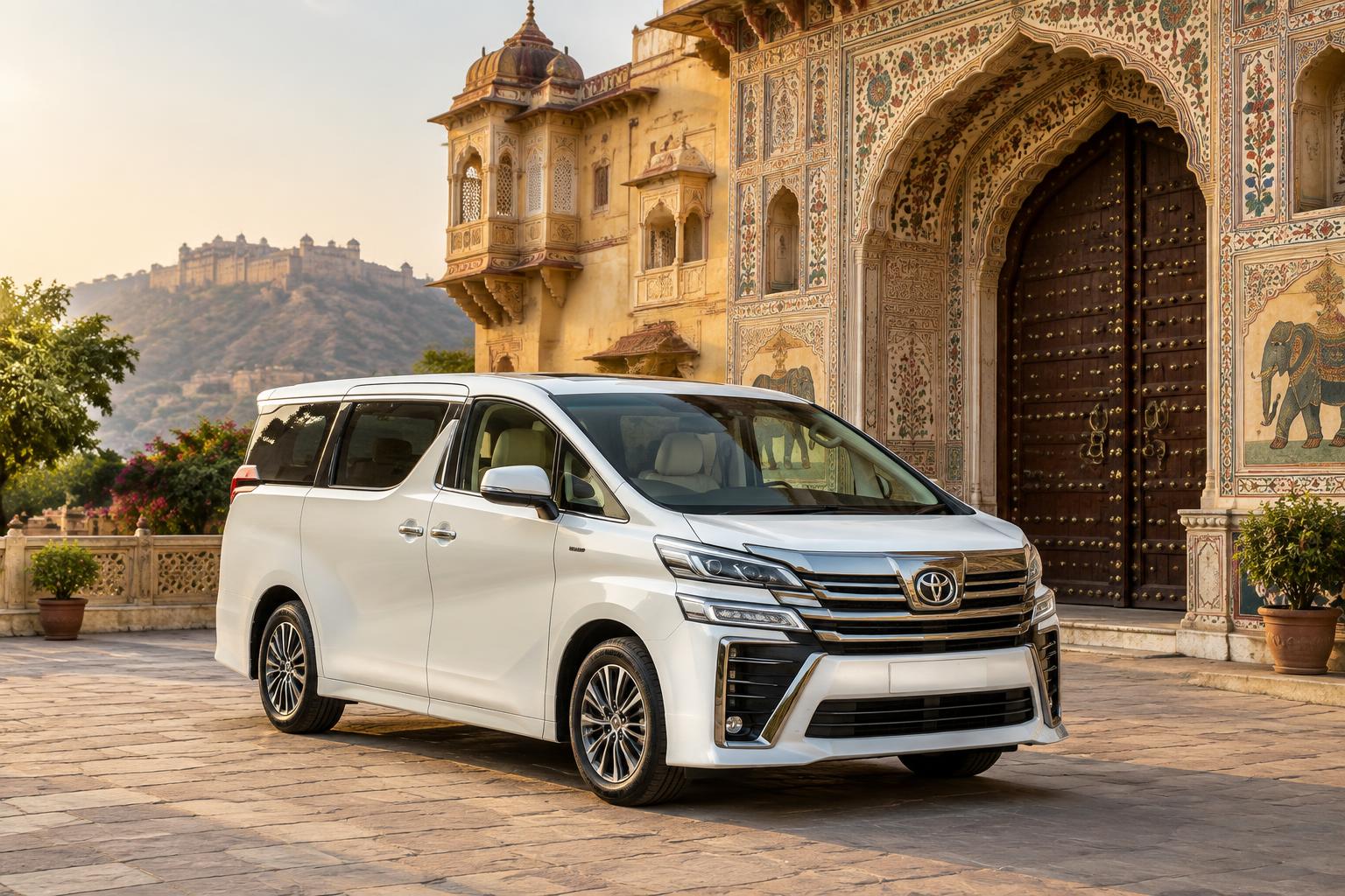 White Toyota Vellfire luxury van outside an ornate Jaipur haveli